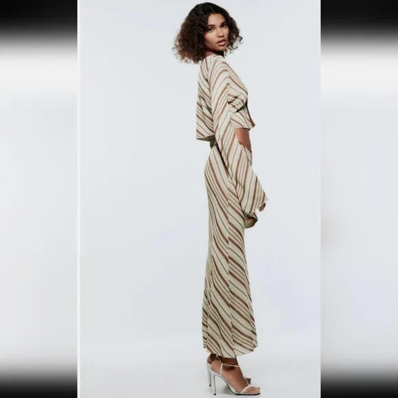 Zara Stripe Knit Top & Skirt Co Ord Set Size Large Green/ Brown Skirt Sets